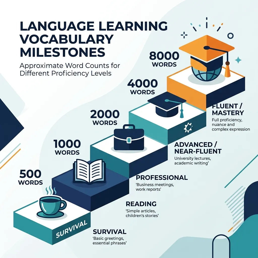 Vocabulary milestones for language learning — from 500 survival words to 8,000+ for mastery