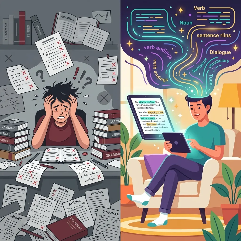 Split illustration contrasting a stressed student with grammar worksheets versus a relaxed reader absorbing grammar naturally through digital reading