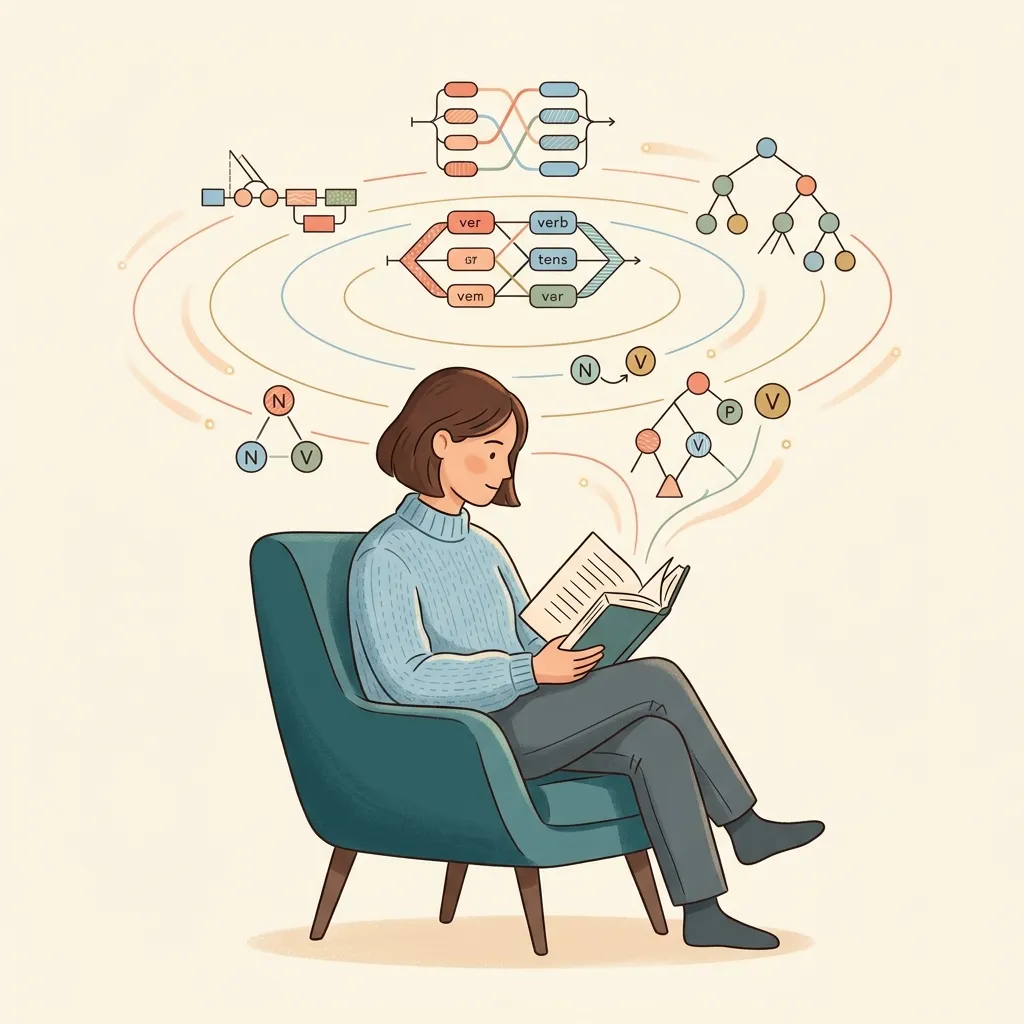 Grammar structures floating naturally from book pages into a reader's mind — illustrating how reading builds unconscious grammar intuition